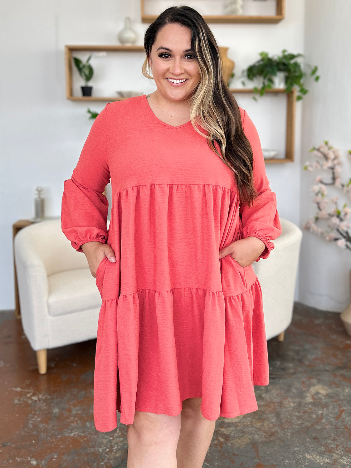 Double take full size v-neck balloon sleeve tiered dress with pockets - coral / s