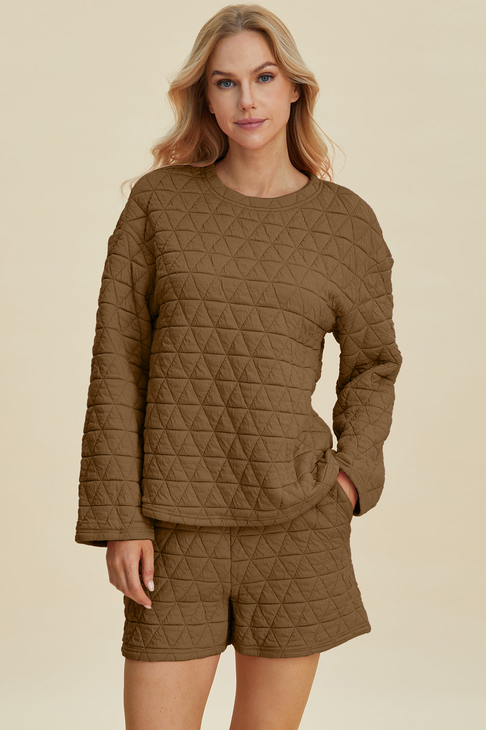 Double take full size texture round neck long sleeve top and shorts set - coffee brown / s