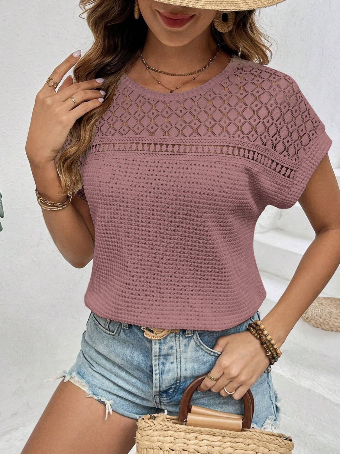 Waffle-knit round neck short sleeve top - dusty pink / s