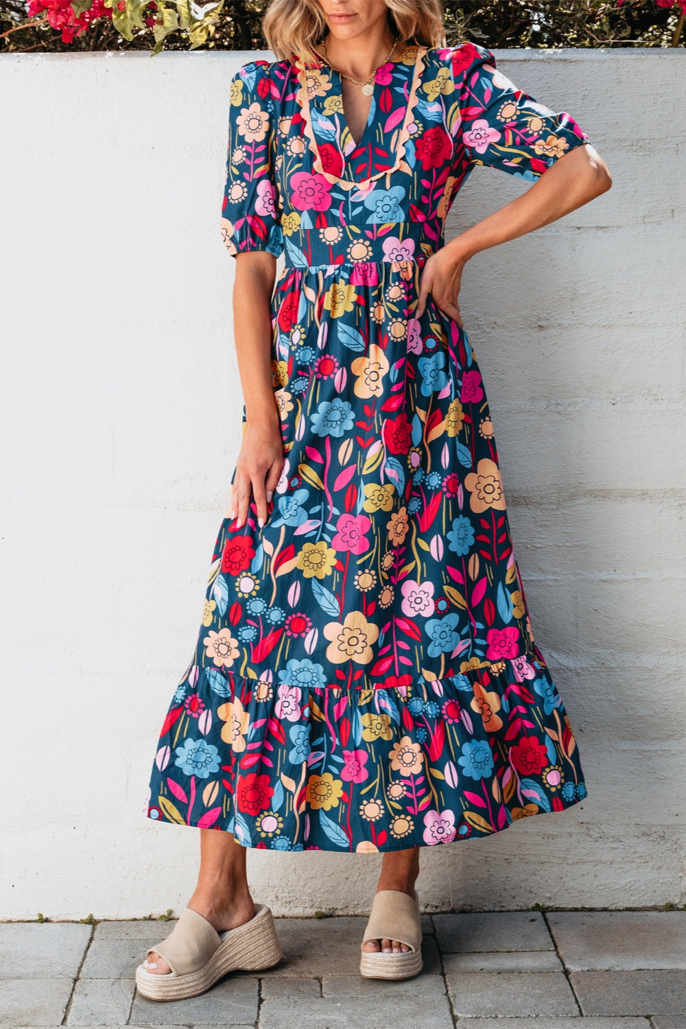 Printed notched puff sleeve midi dress - multicolor / s