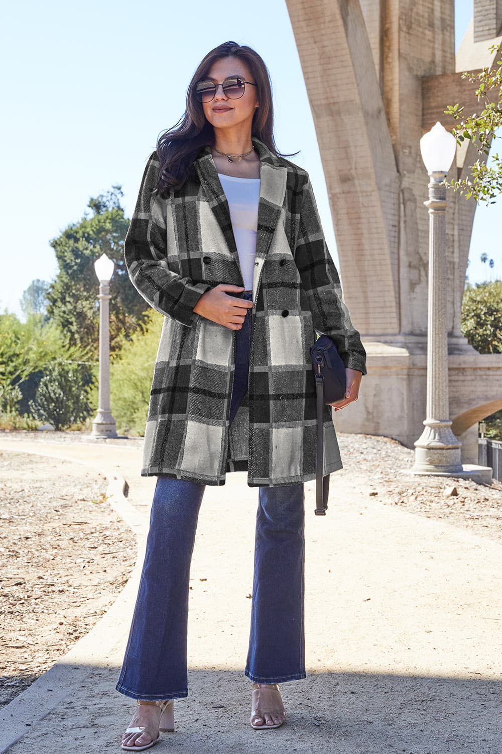 Double take full size plaid button up lapel collar coat - black / s