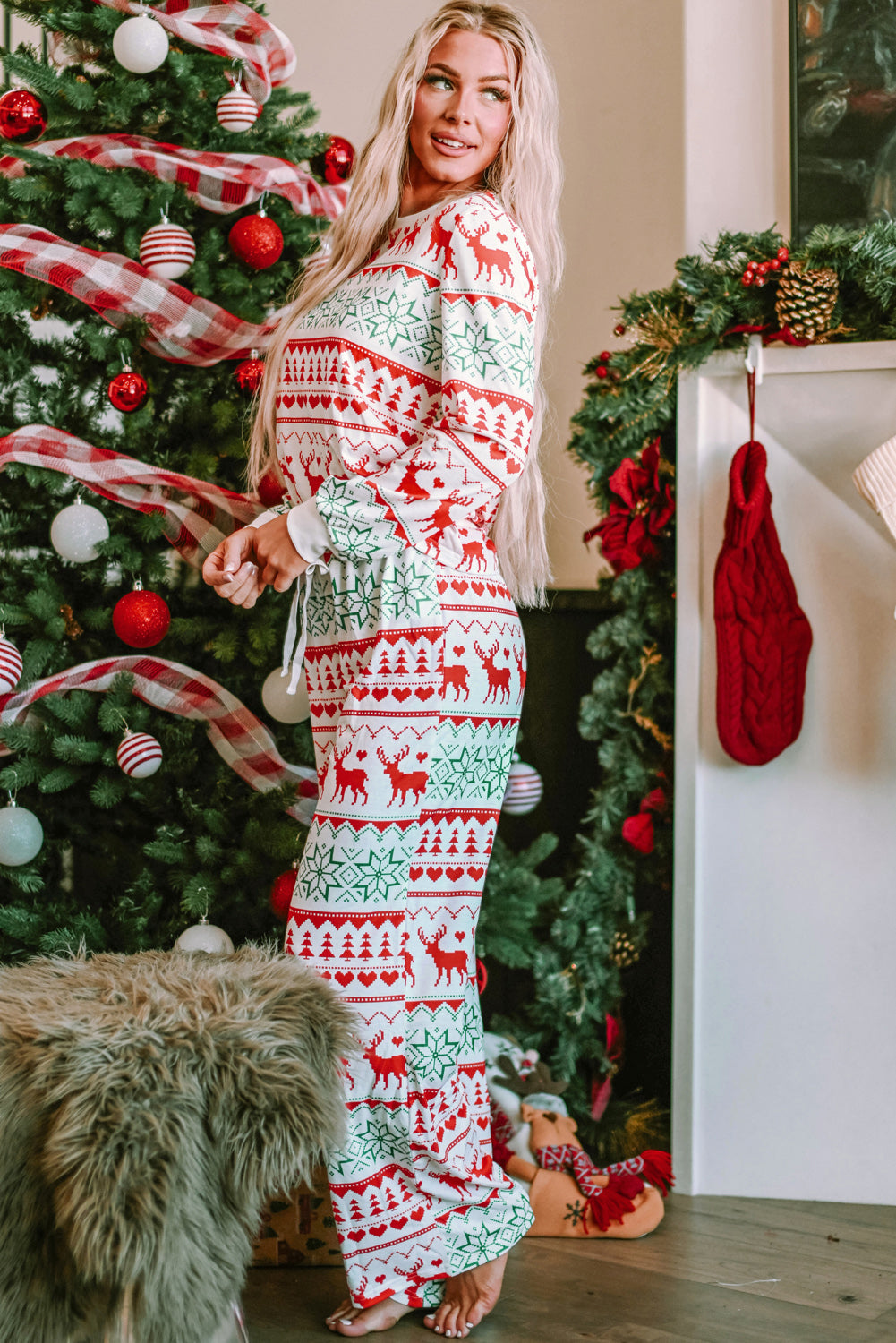 Christmas element round neck top and pants lounge set