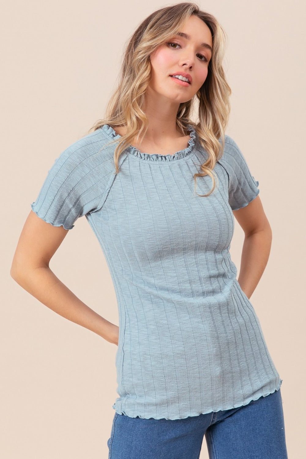 Bibi ruffle round neck merrow edge rib top