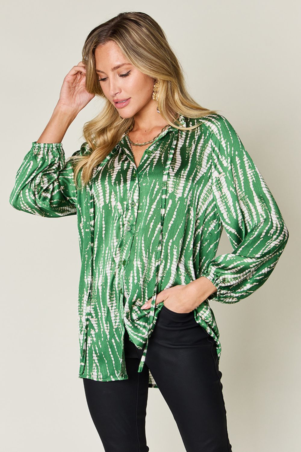 Double take full size printed button up long sleeve shirt