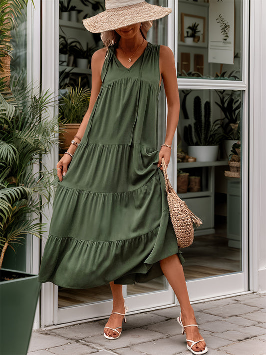 Tiered tie neck midi dress - dark green / s