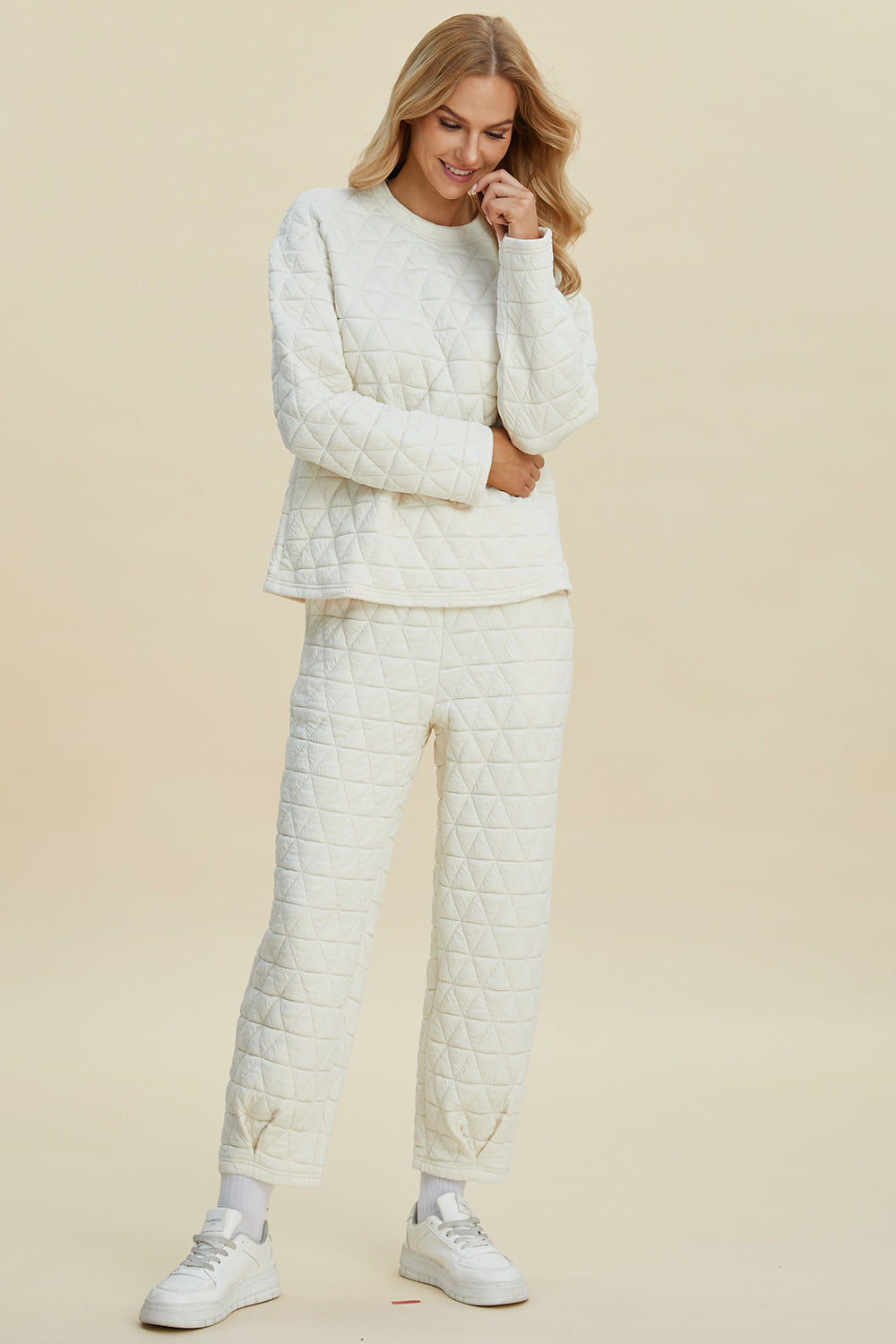 Double take full size texture round neck long sleeve top and pants set