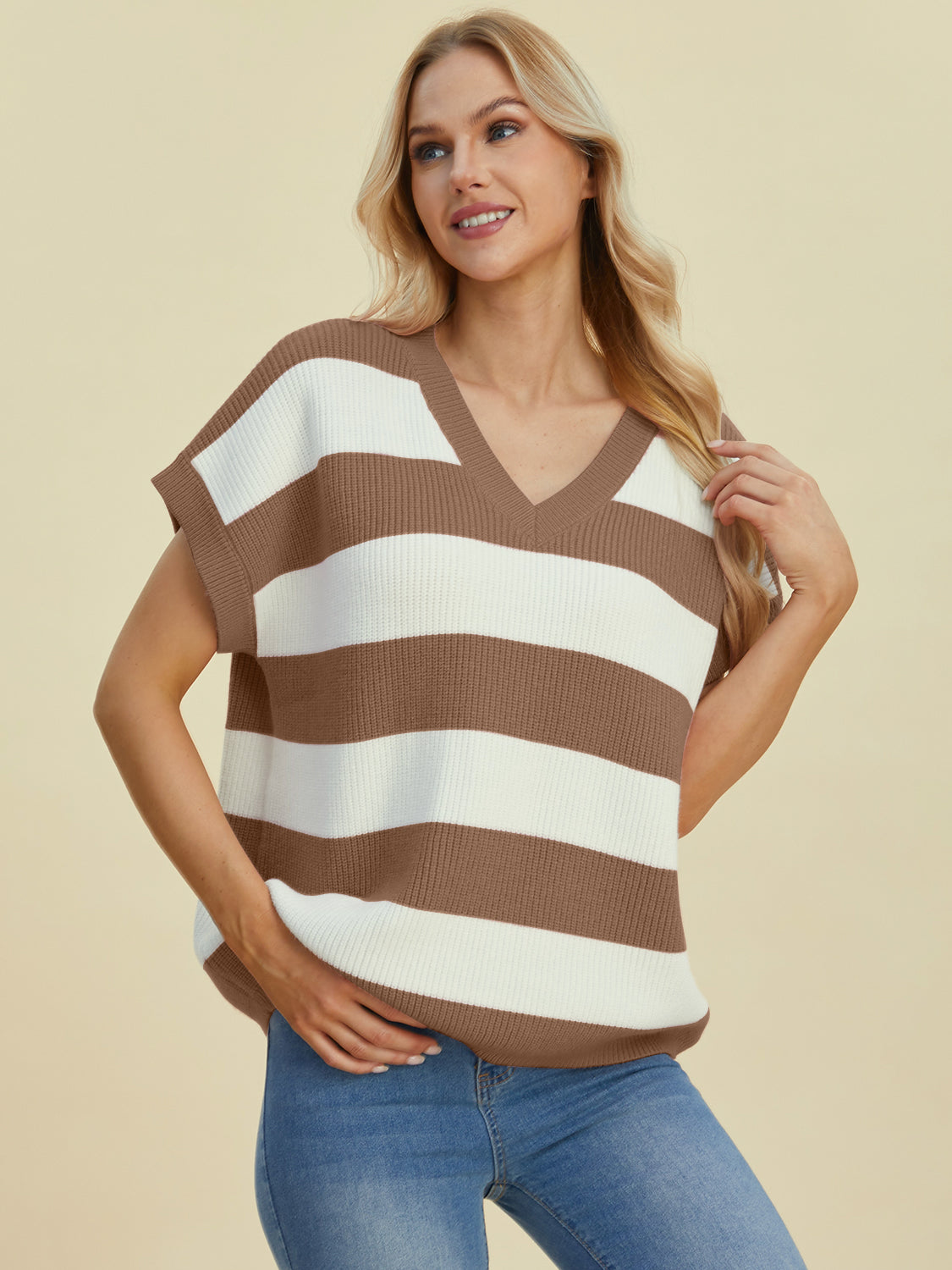 Double take full size striped v-neck short sleeve sweater