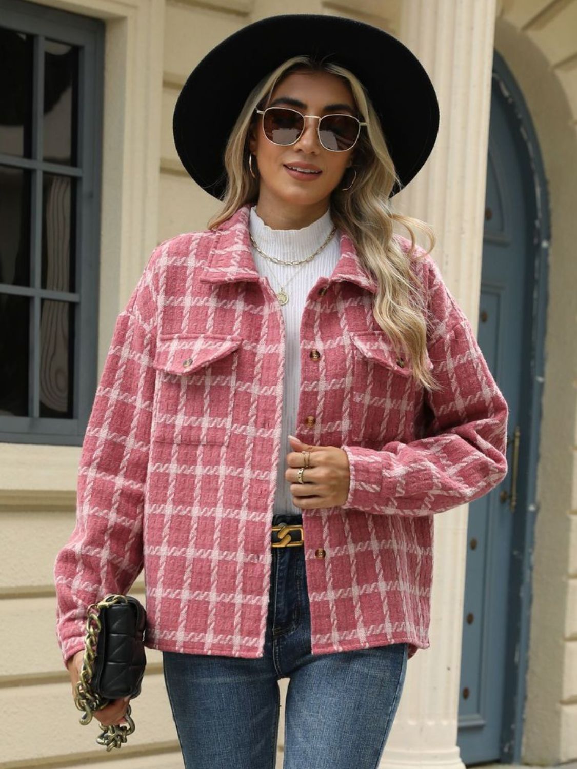 Plaid collared neck long sleeve jacket