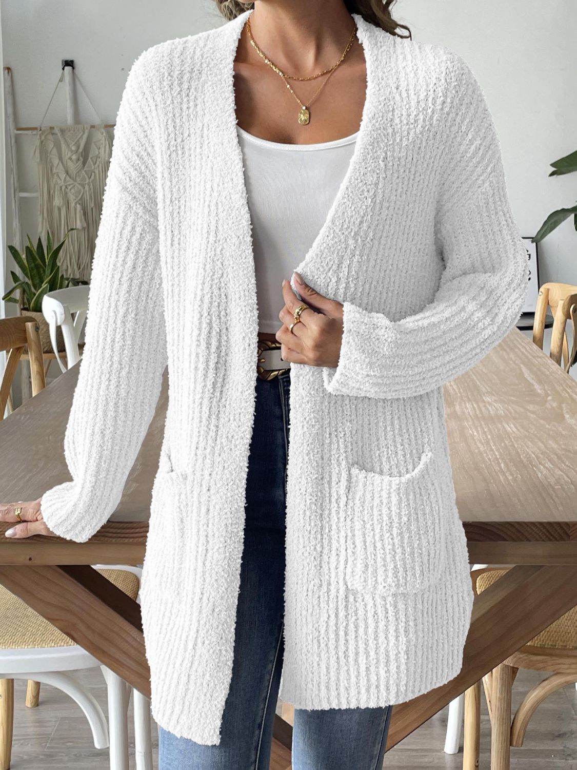 Open front long sleeve cardigan - white / s