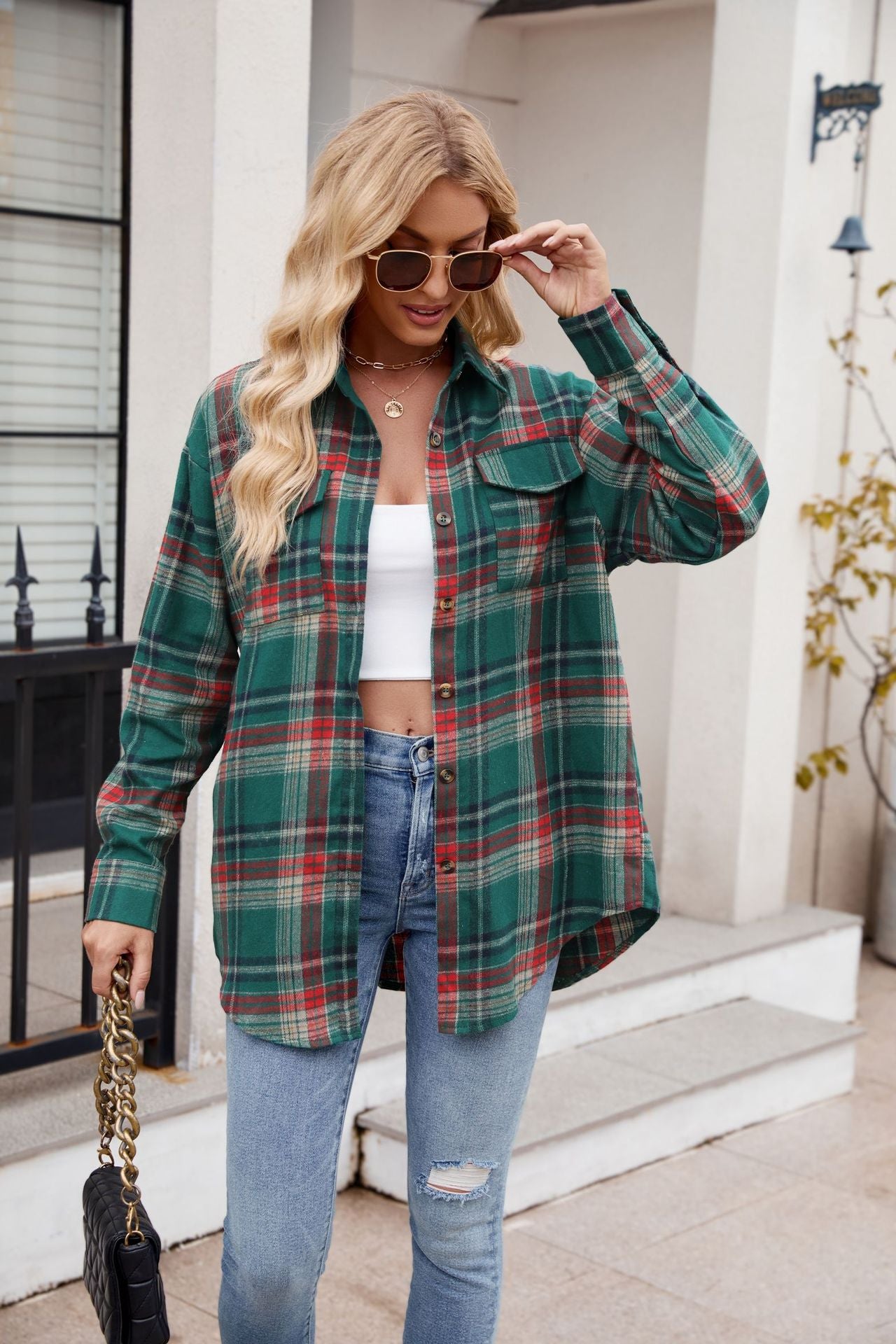 Mandy plaid button up long sleeve shirt - dark green / s