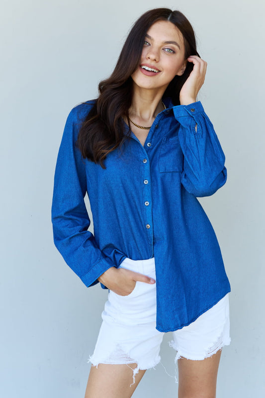 Doublju blue jean baby denim button down shirt top in dark - s