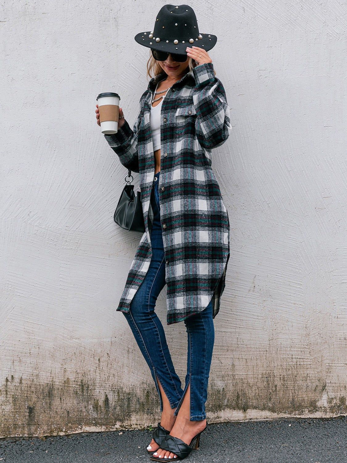 Plaid button up long sleeve shacket