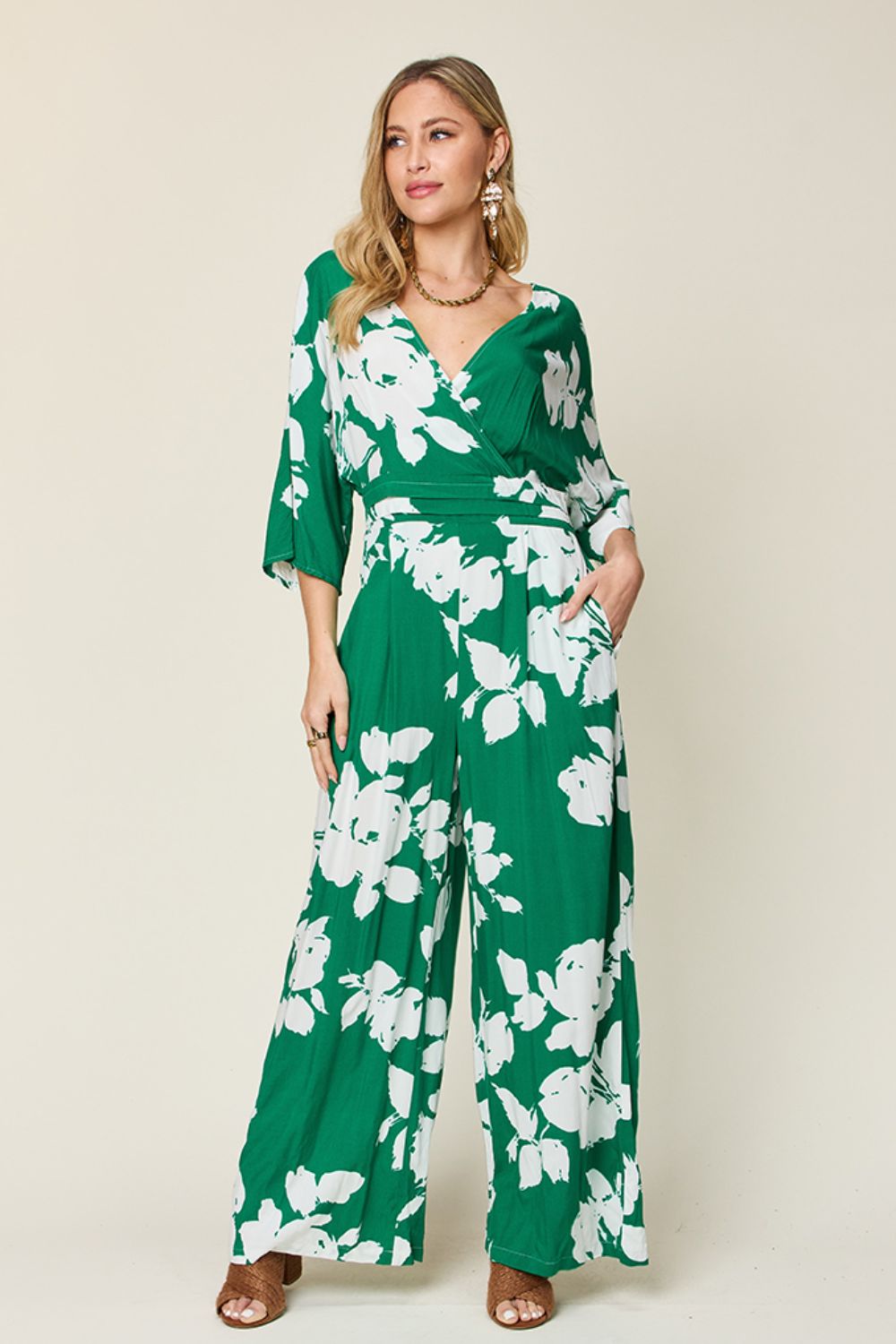 Double take full size printed tie back wide leg jumpsuit - green / s