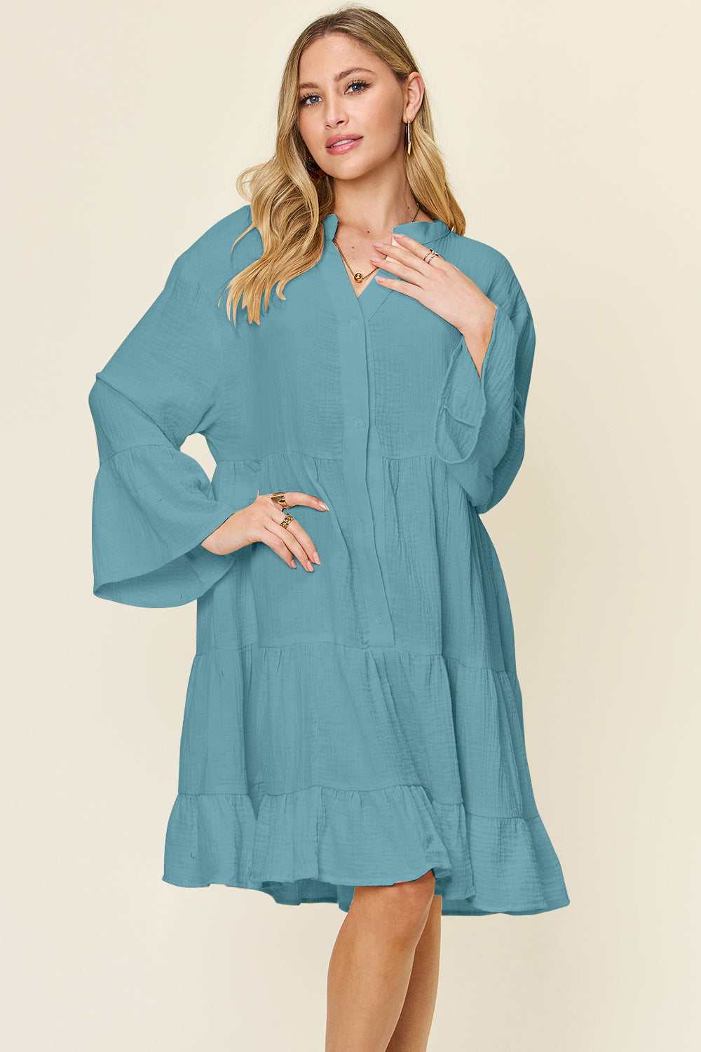 Double take full size texture button up ruffle hem dress - cerulean / s