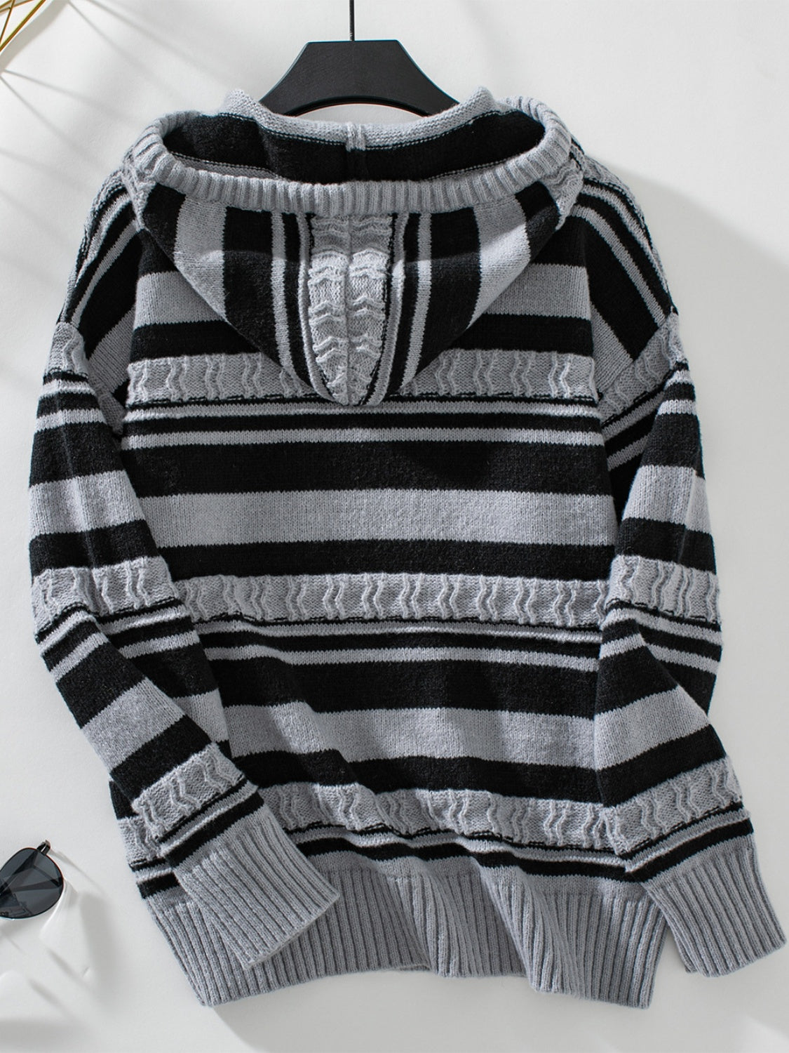 Drawstring striped long sleeve hooded sweater