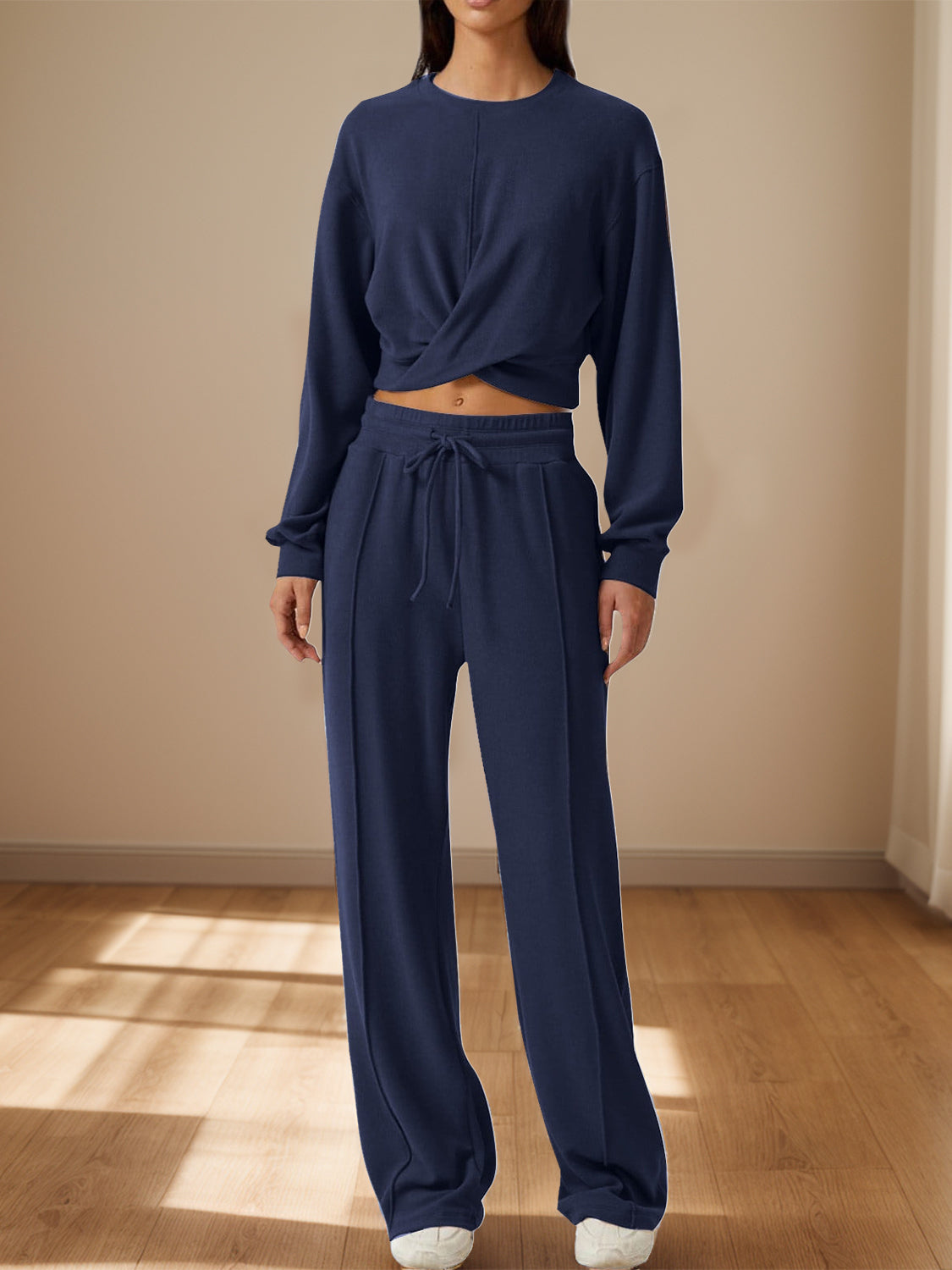 Crisscross round neck top and drawstring pants set