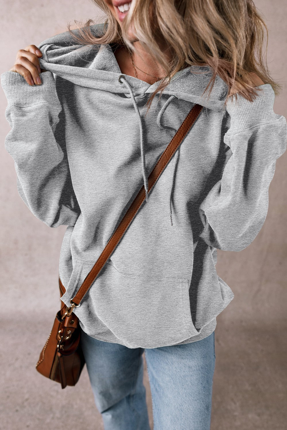 Drawstring pocketed long sleeve hoodie