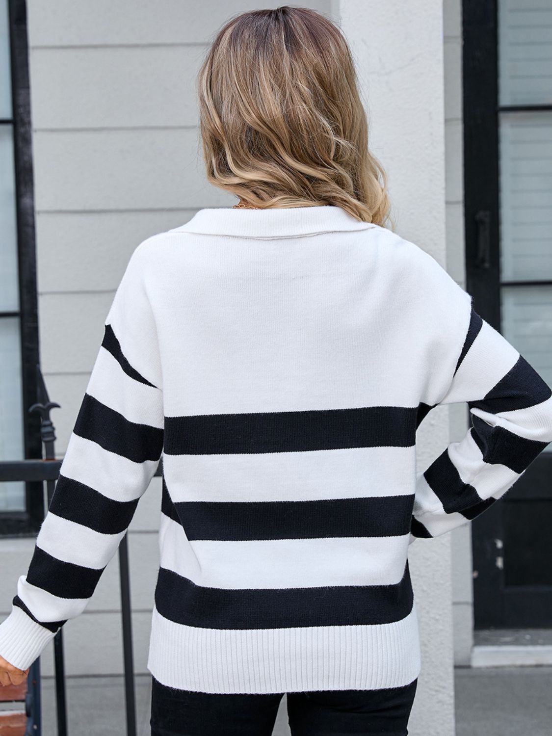 Striped johnny collar knit top