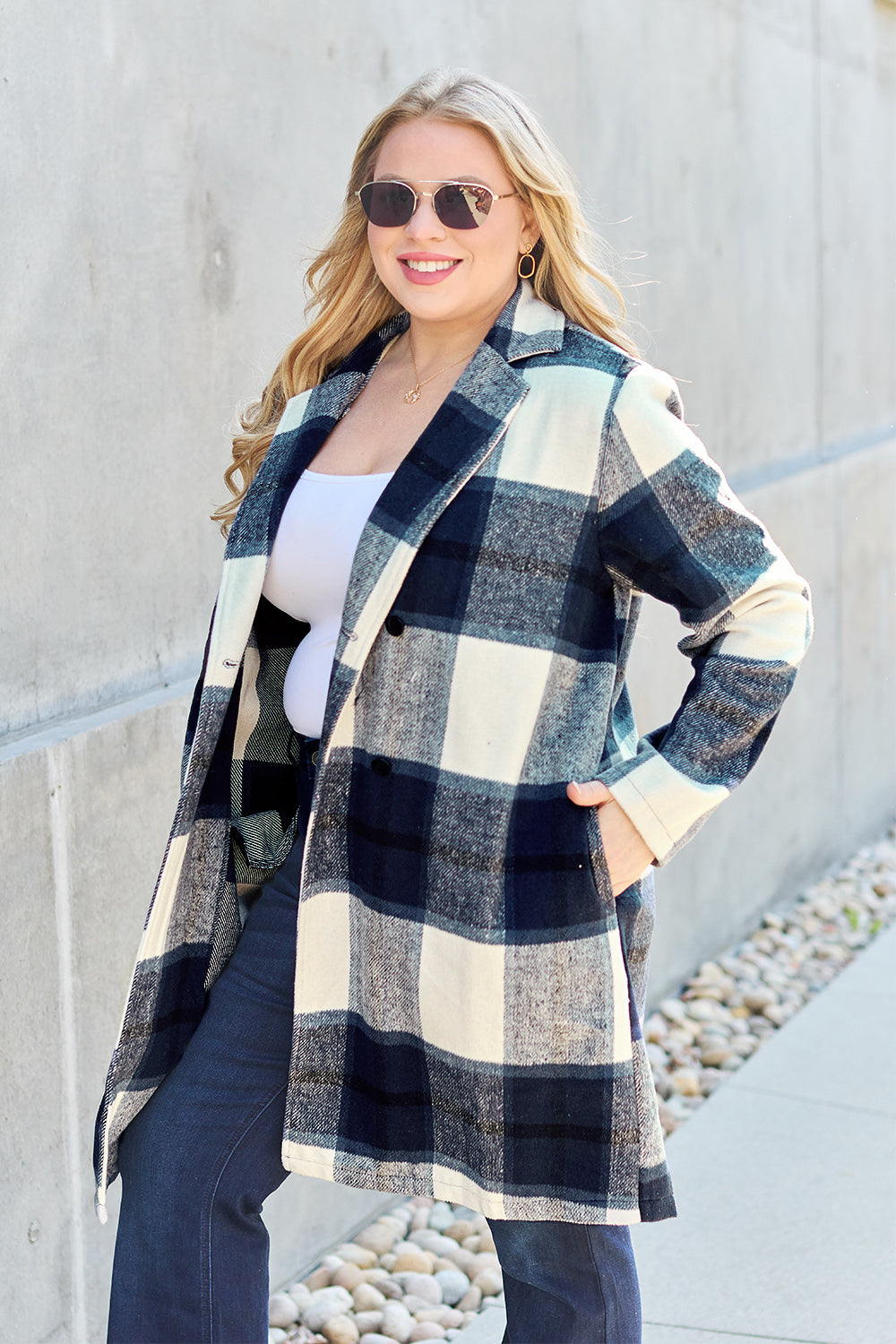 Double take full size plaid button up lapel collar coat