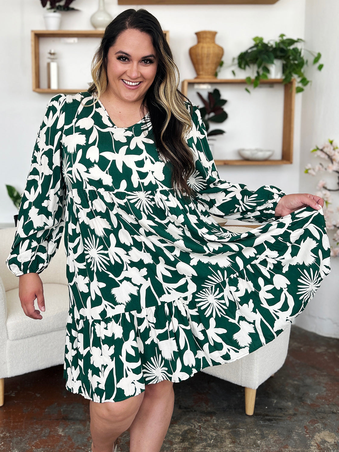 Double take full size printed ruffle hem dress with pocket