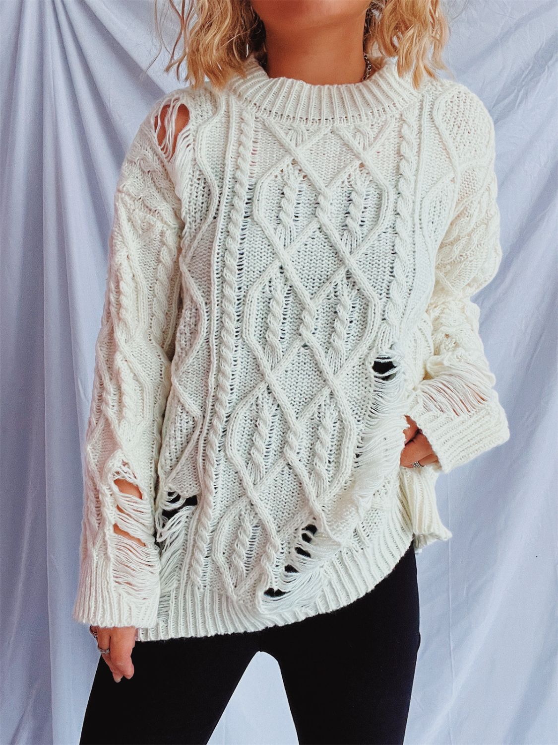 Distressed cable-knit round neck long sleeve sweater - white / one size