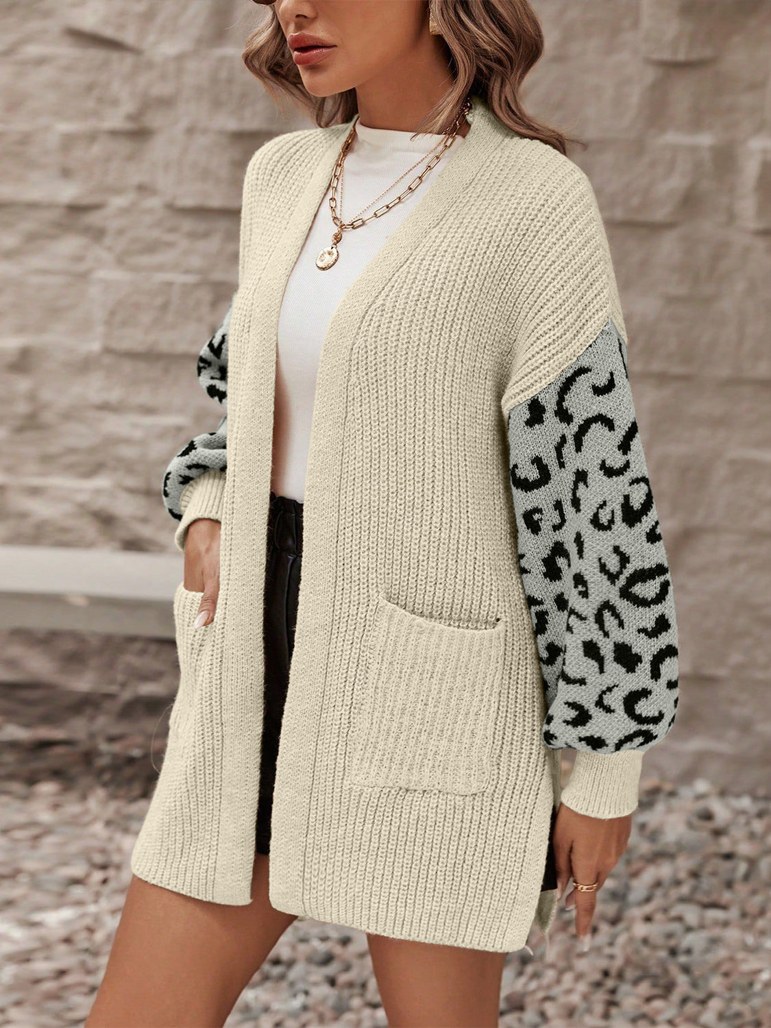 Pocketed leopard open front cardigan