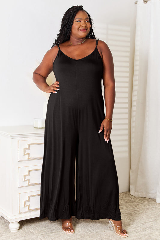 Double take full size soft rayon spaghetti strap tied wide leg jumpsuit - black / s