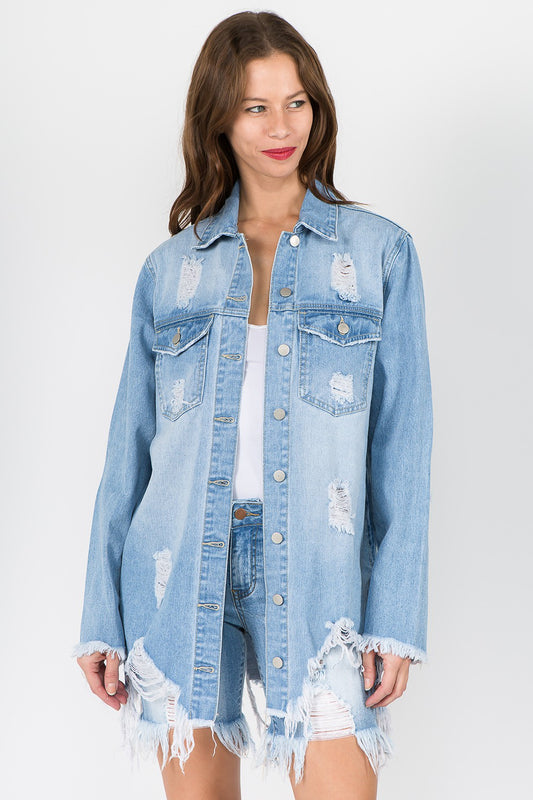 American bazi distressed frayed hem denim jacket - lt blue / s