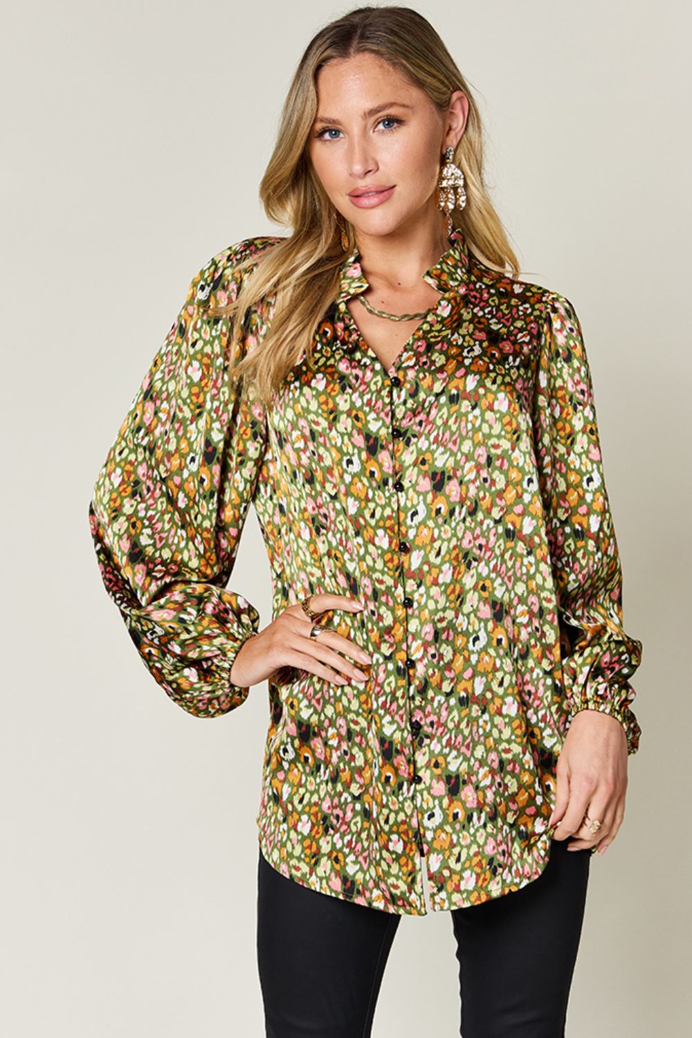 Double take full size printed balloon sleeve shirt - matcha green / s