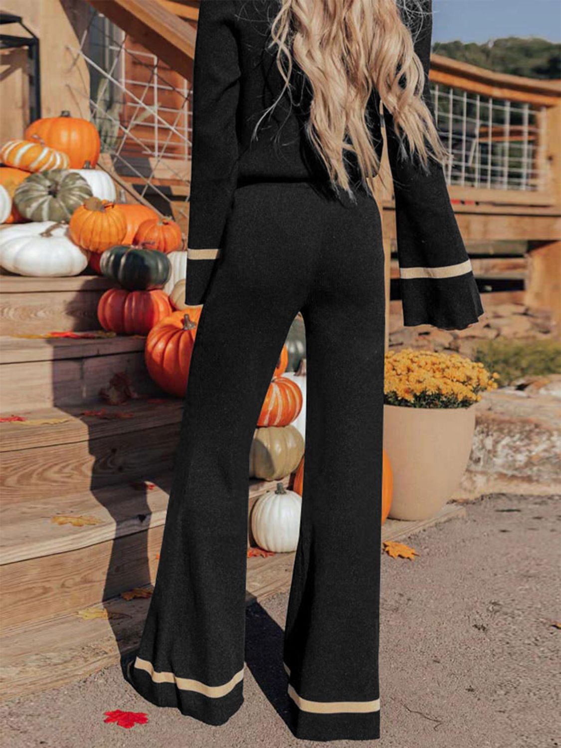 Perfee v-neck long sleeve top and pants set