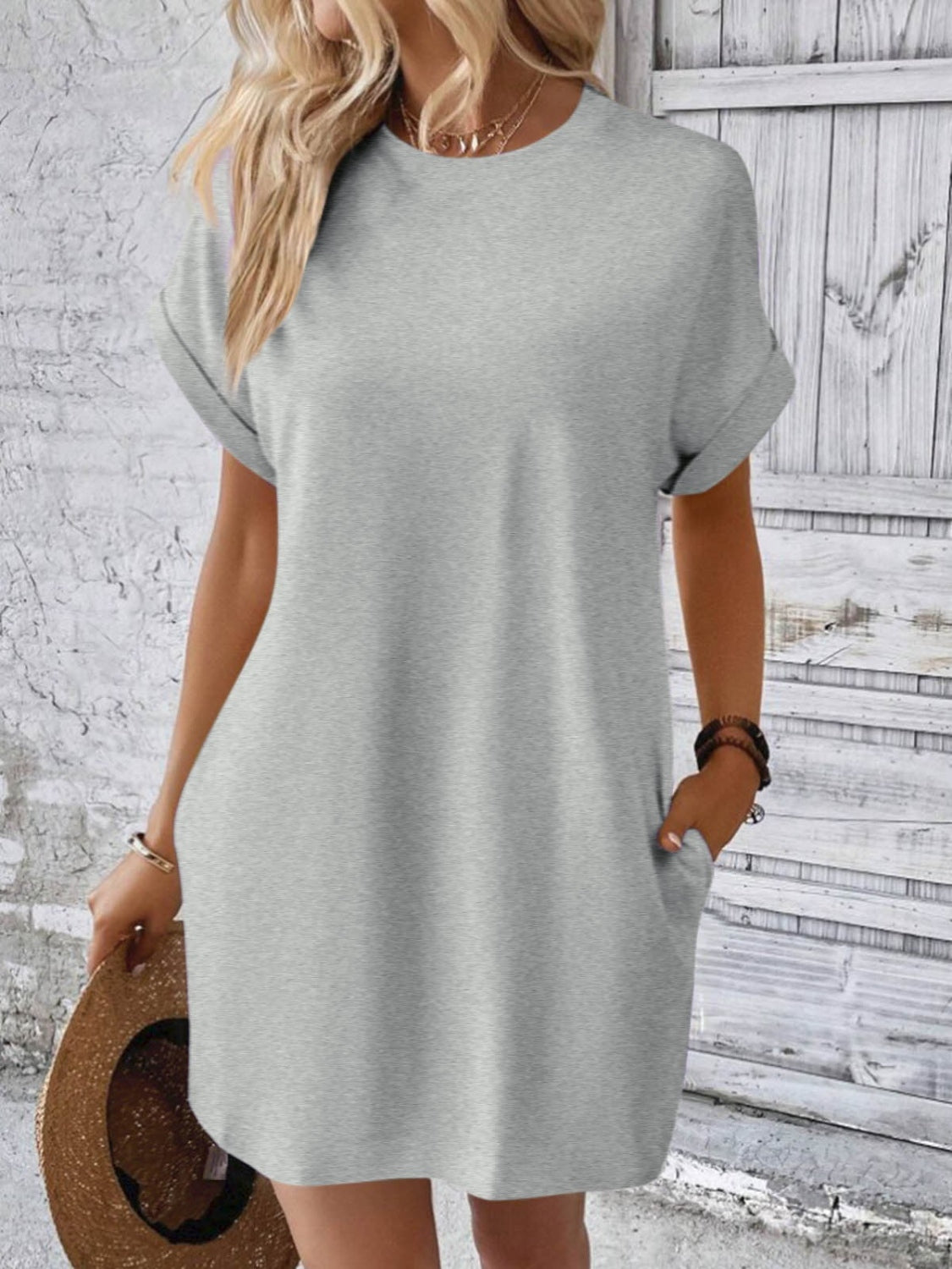 Round neck short sleeve mini dress - light gray / s