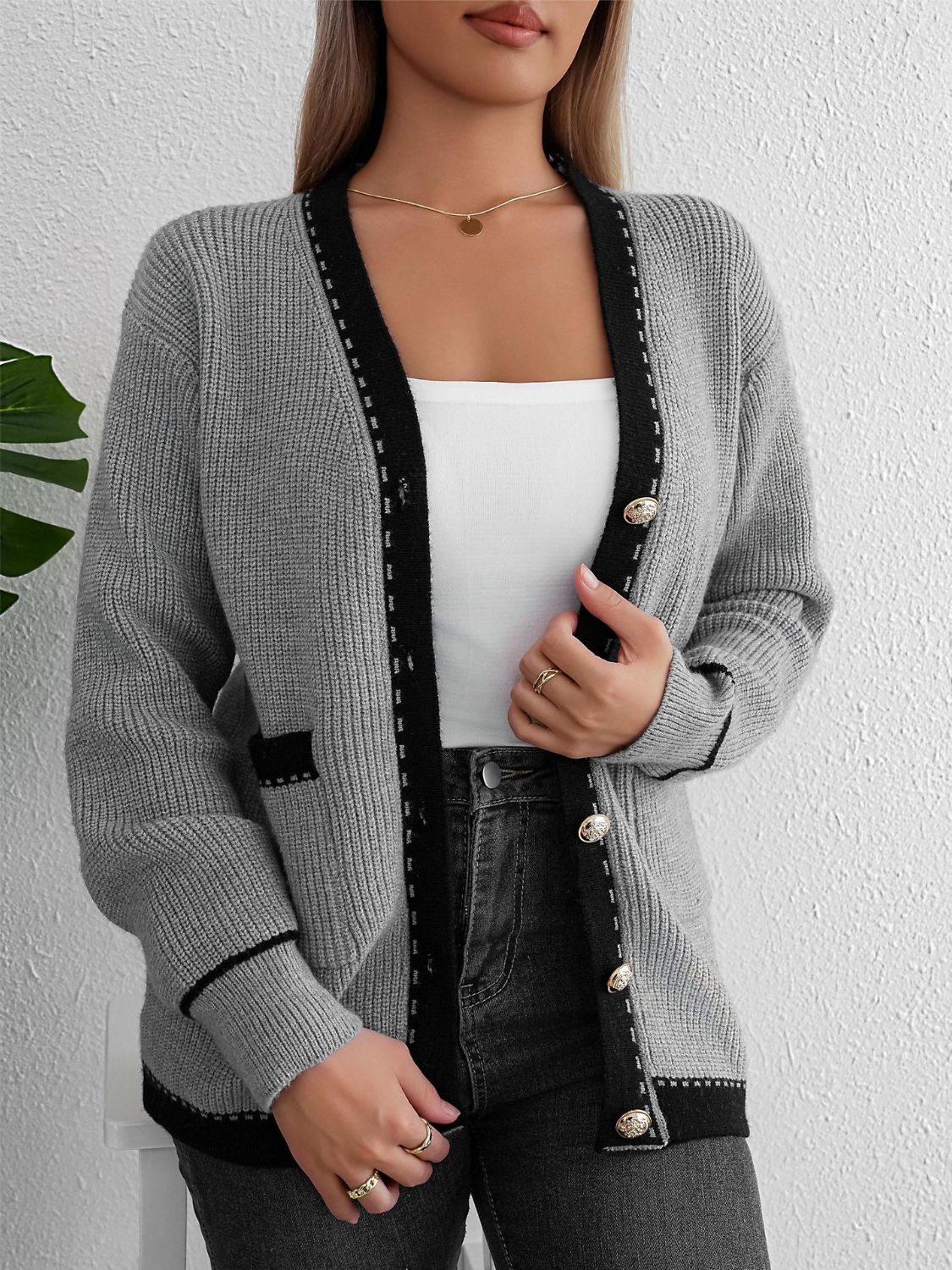 Contrast trim button up long sleeve cardigan