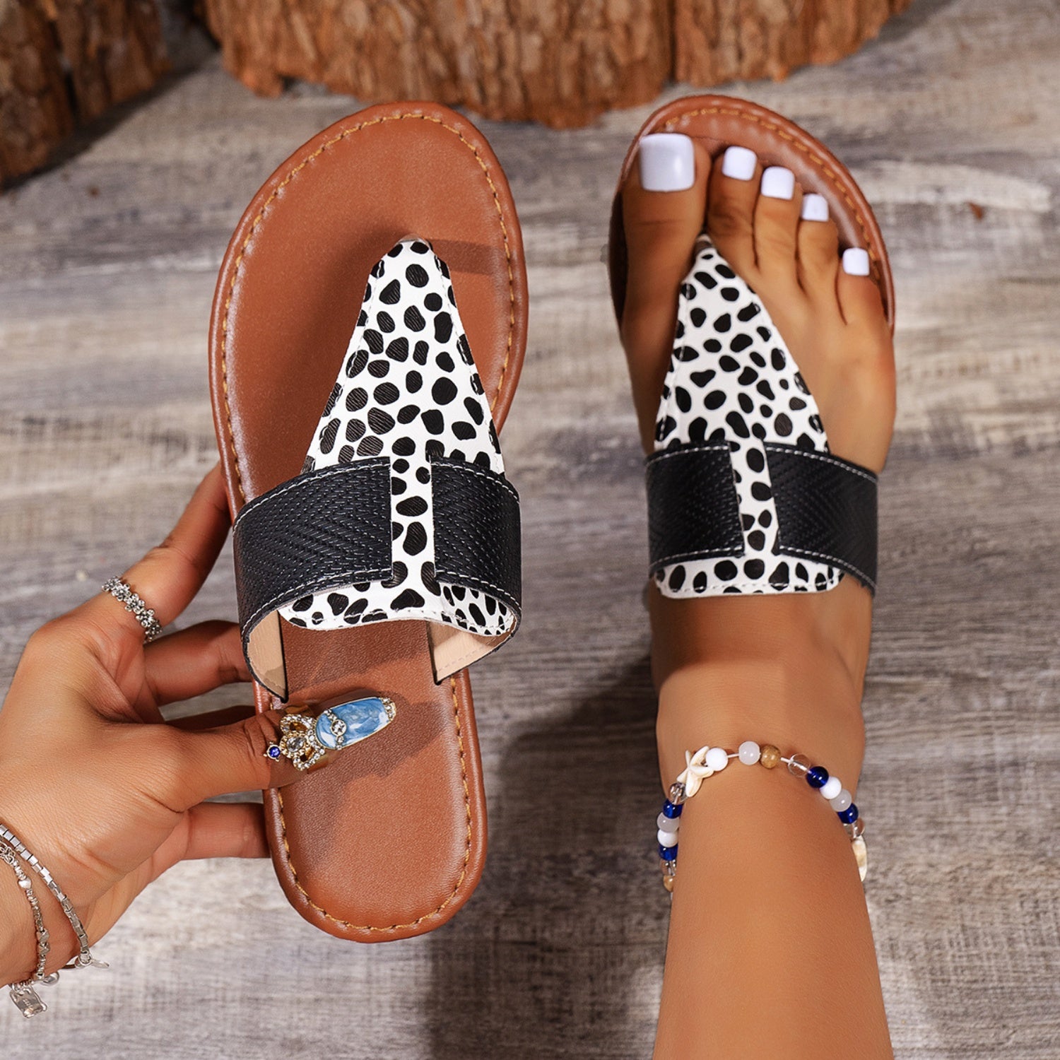 Animal print open toe sandals - black / 36(us5)