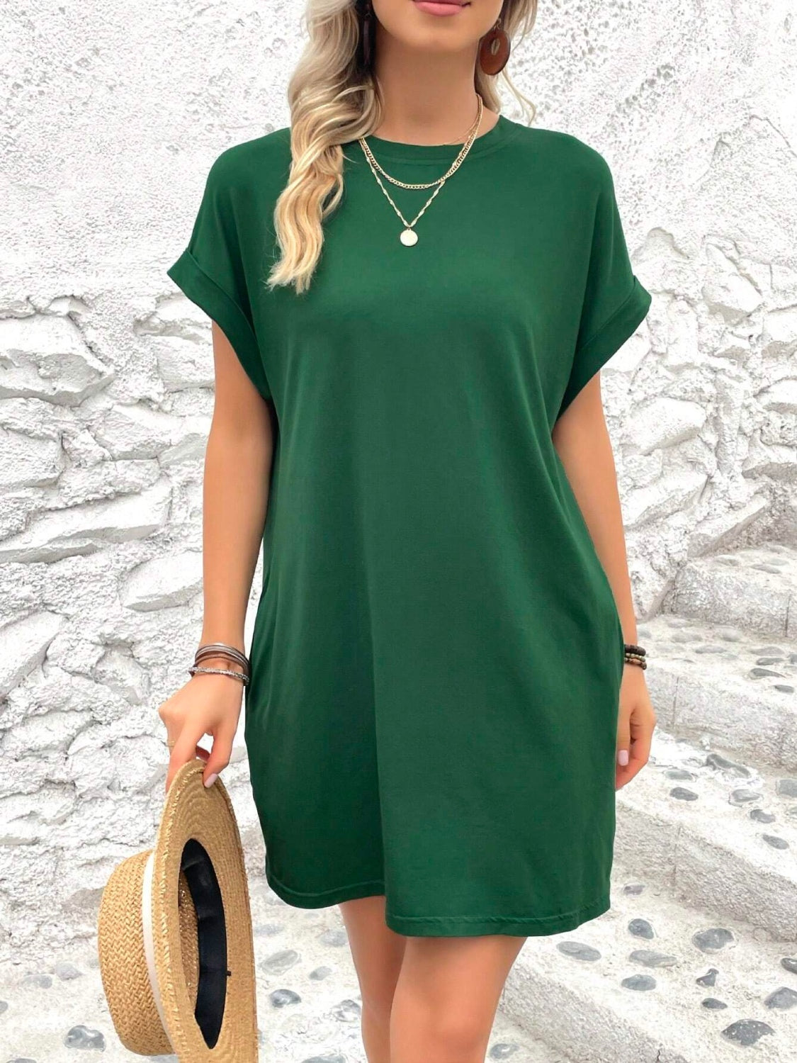 Round neck short sleeve mini dress - dark green / s