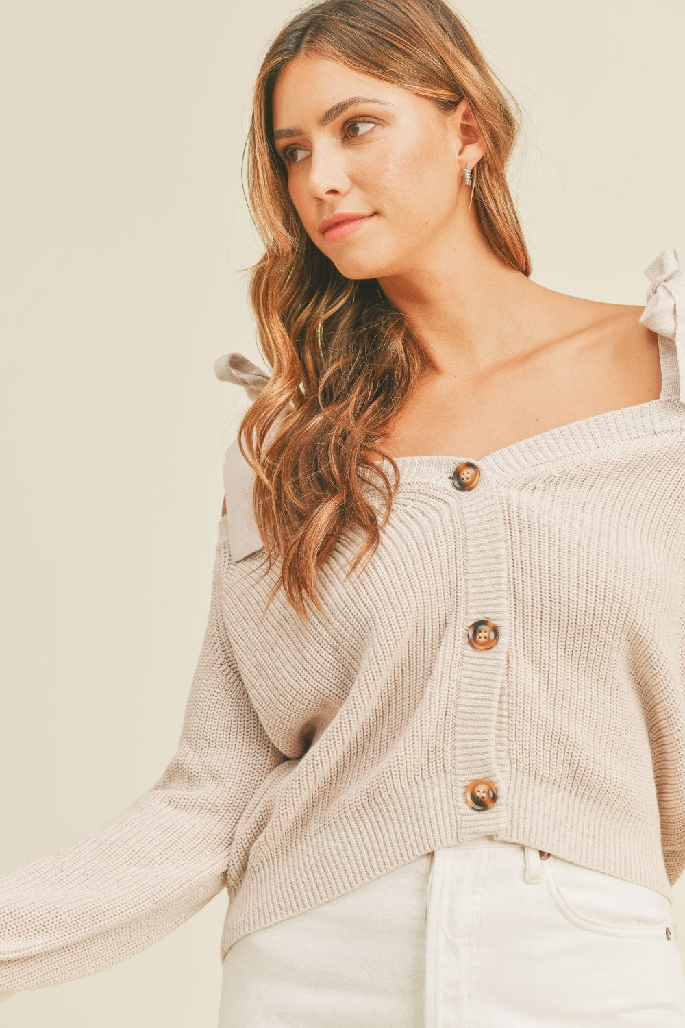 Mable off shoulder self tie strap button down sweater