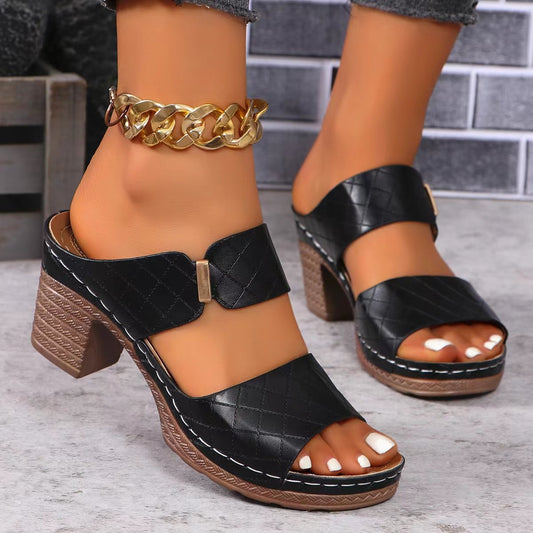 Pu leather block heel sandals - black / 36(us5)