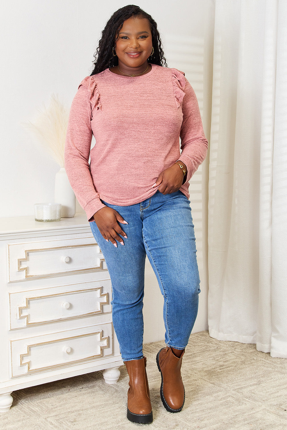 Double take ruffle shoulder long sleeve t-shirt