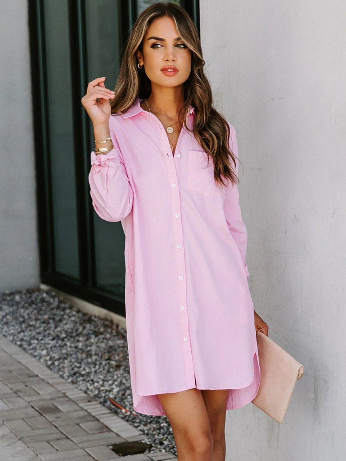 Button up collared neck long sleeve shirt dress - blush pink / s