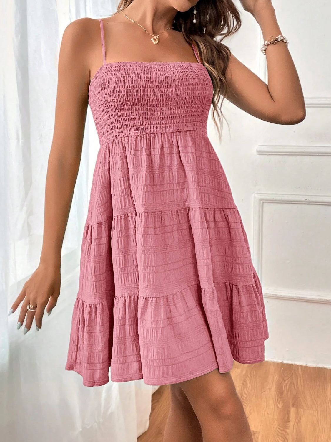 Smocked tiered sleeveless mini dress - dusty pink / s