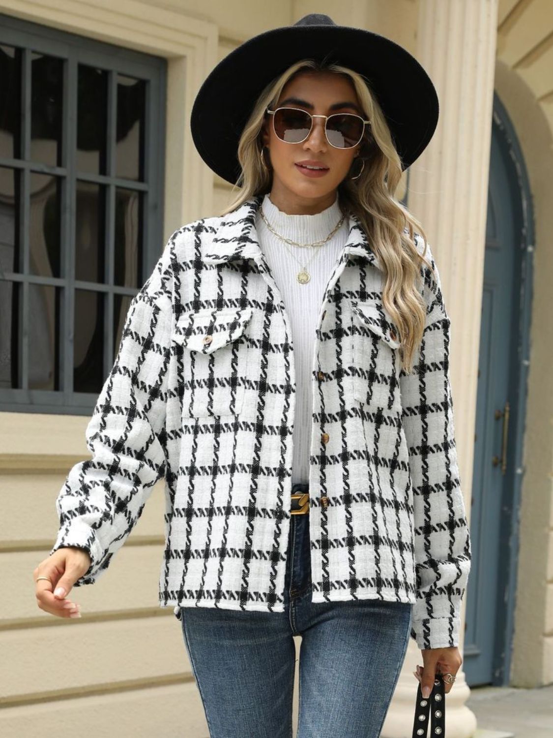 Plaid collared neck long sleeve jacket