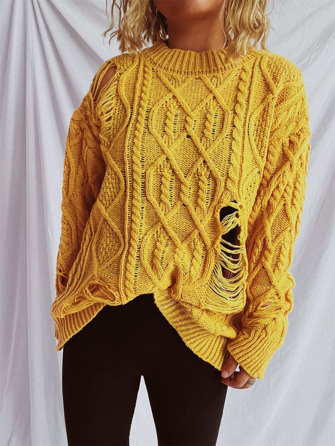 Distressed cable-knit round neck long sleeve sweater - mustard / one size