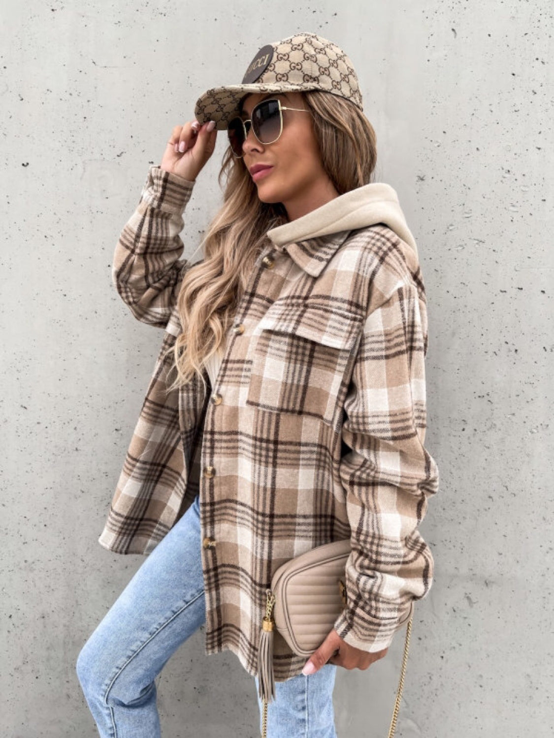 Plaid dropped shoulder hooded jacket