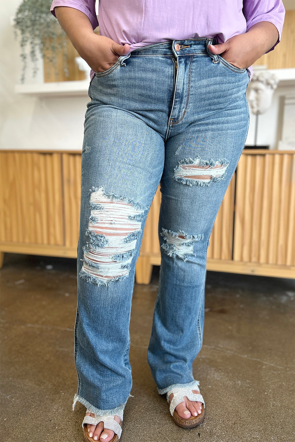 Judy blue full size distressed raw hem bootcut jeans