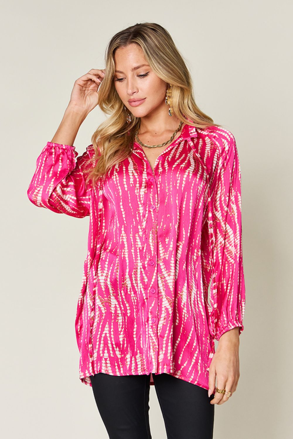 Double take full size printed button up long sleeve shirt - hot pink / s