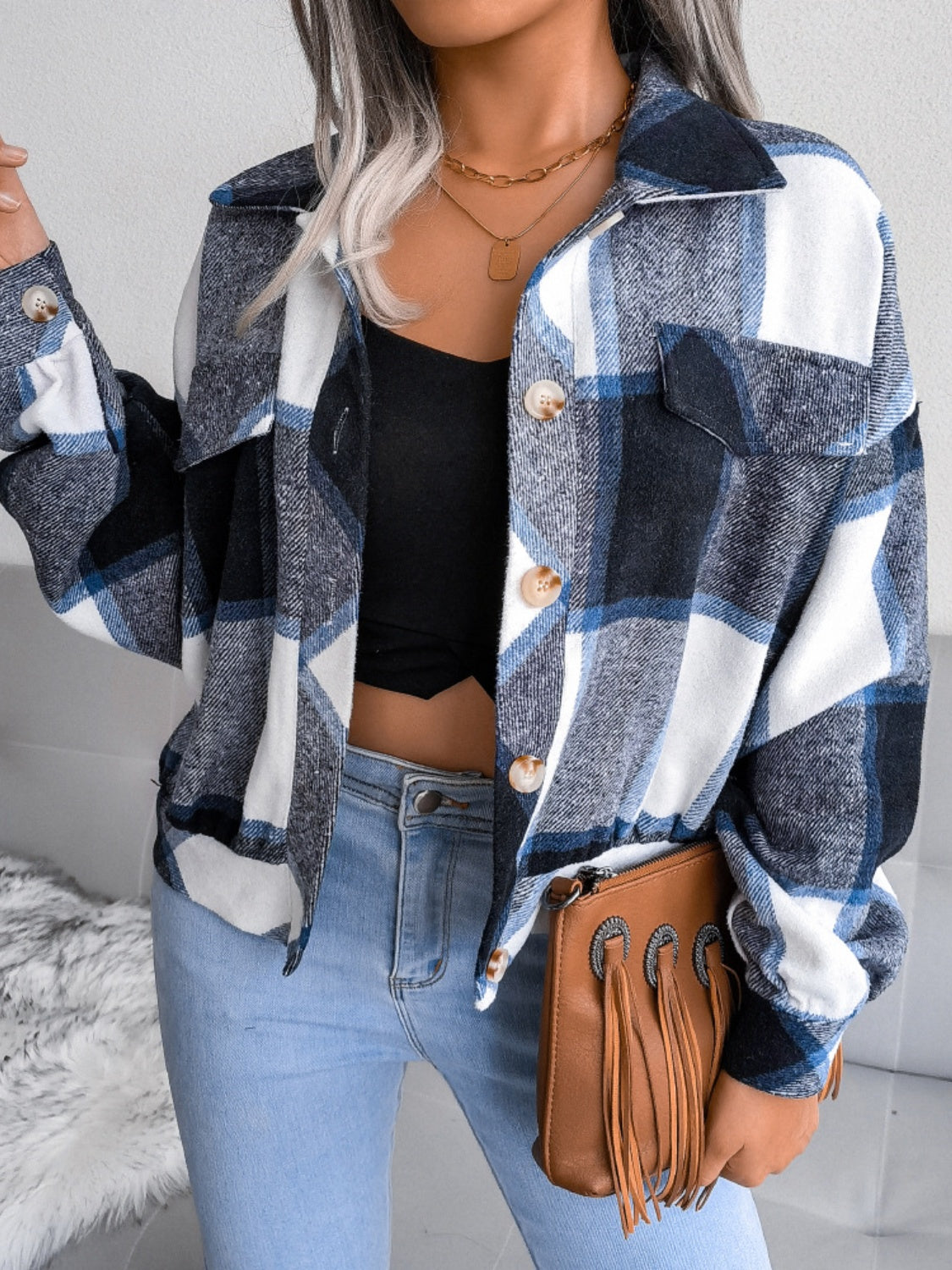 Plaid collared neck long sleeve jacket