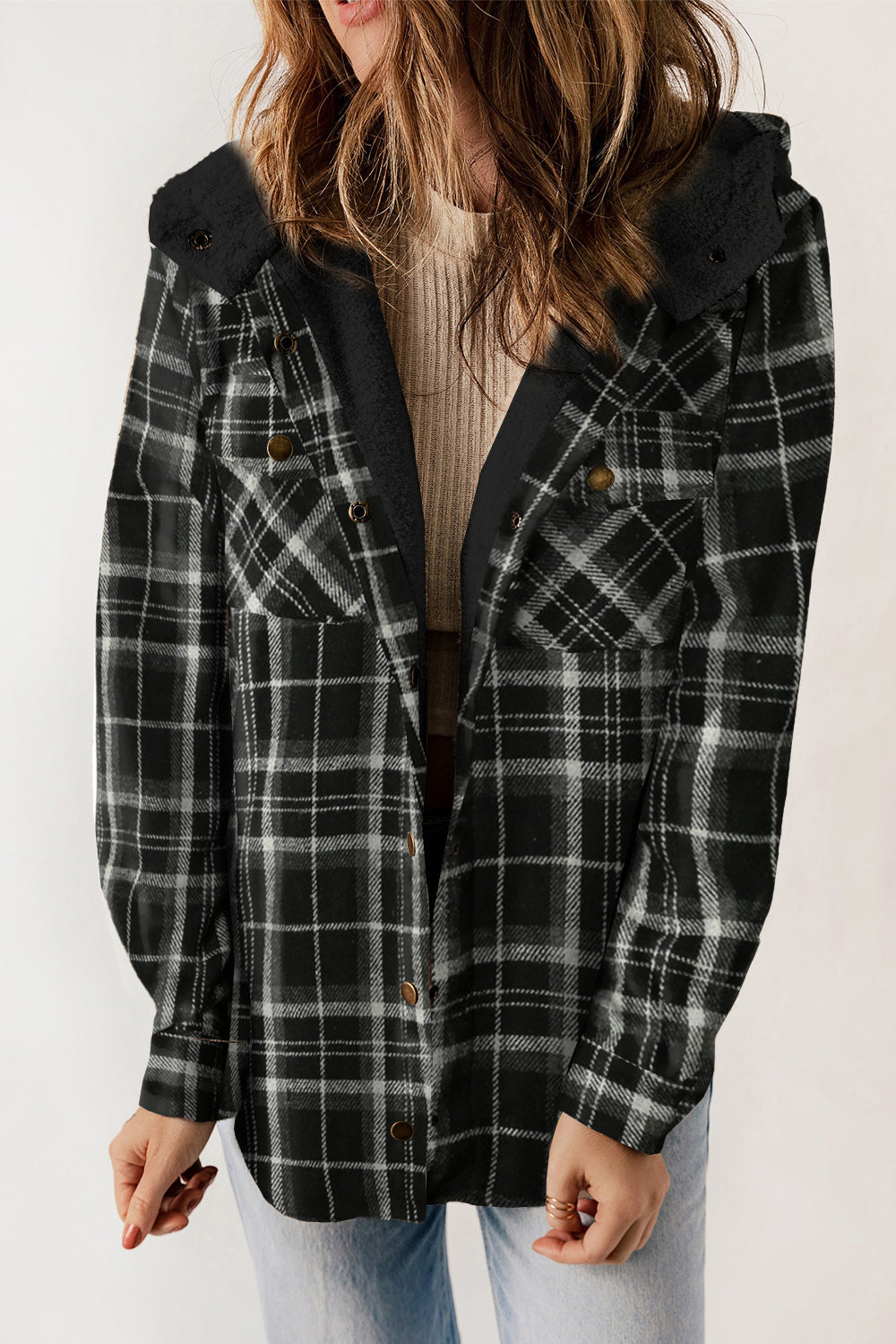 Plaid snap down hooded jacket - black / s