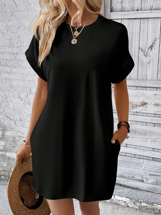 Round neck short sleeve mini dress - black / s