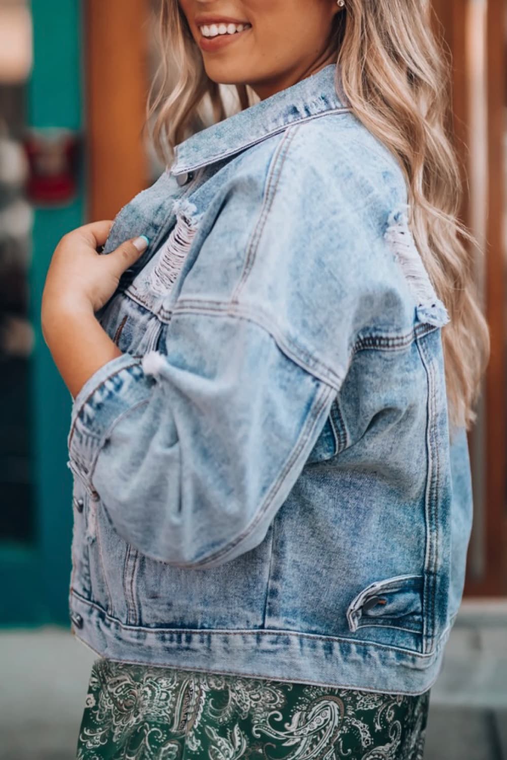 Distressed drop shoulder denim jacket