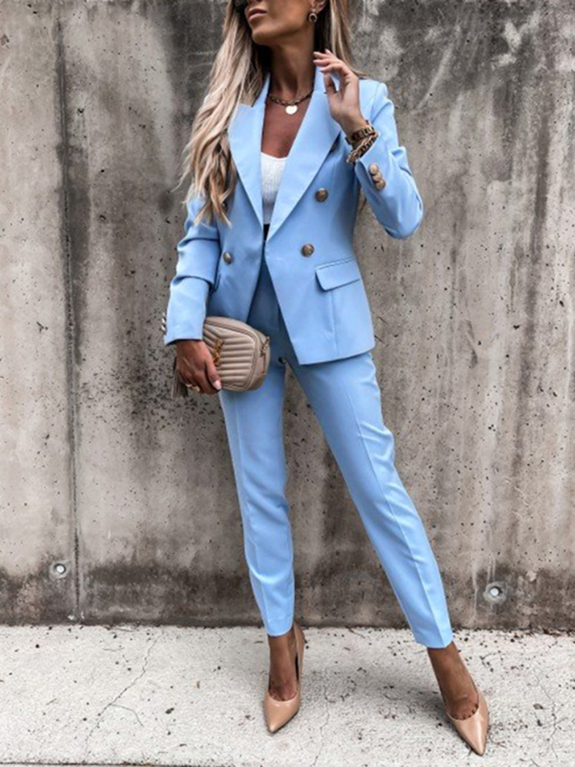 Lapel collar long sleeve blazer and pants set - pastel blue / s