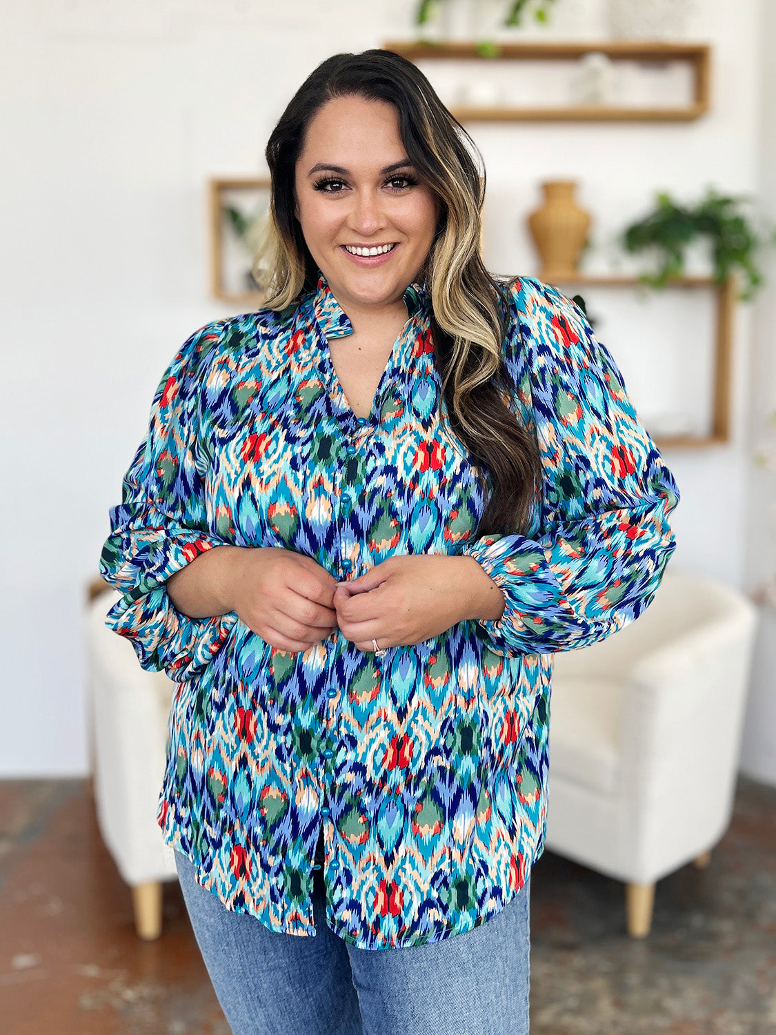 Double take full size printed balloon sleeve blouse